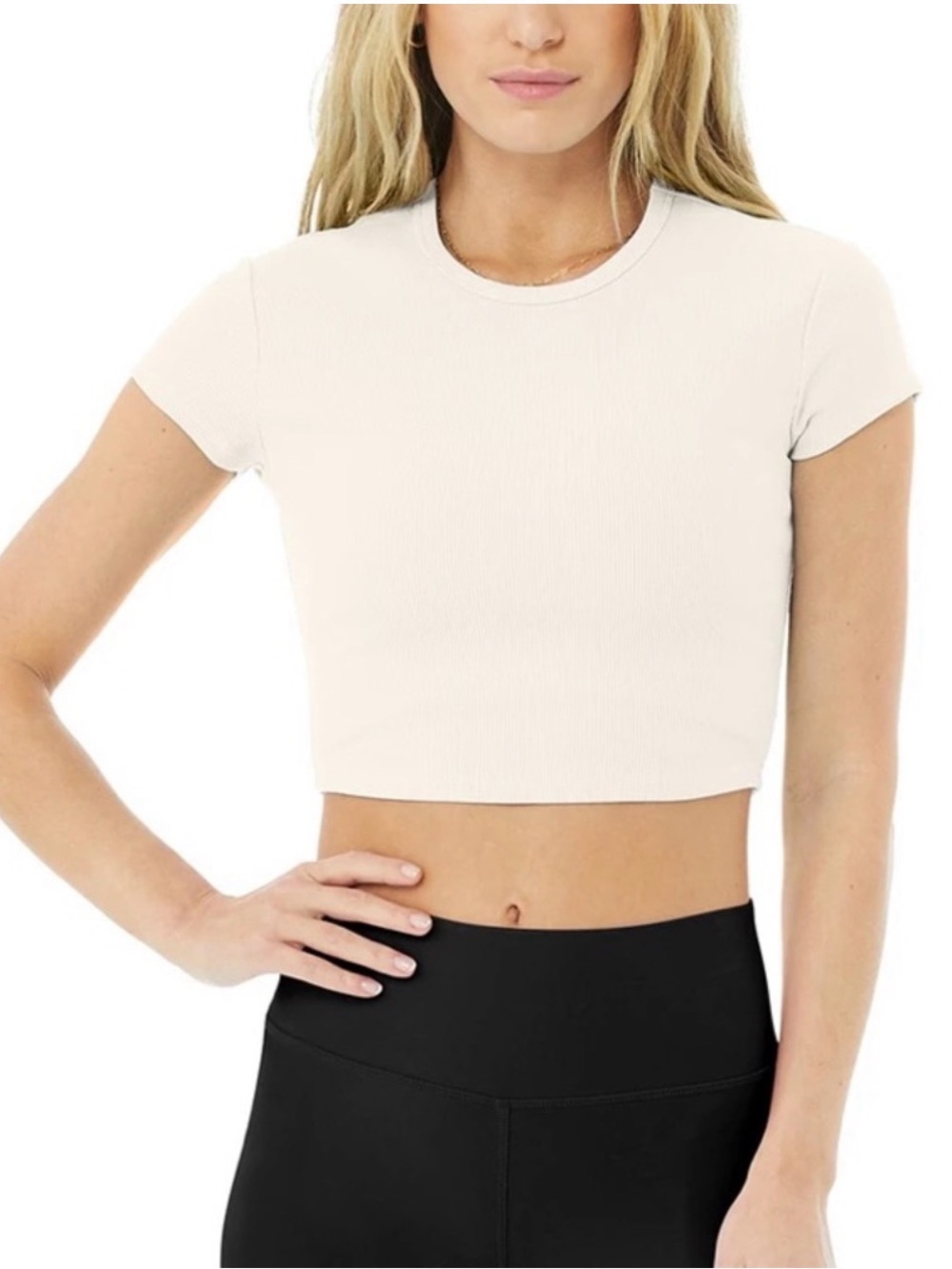 ALO Yoga Ribbed Cropped Short Sleeve Top in Ivory Sz S